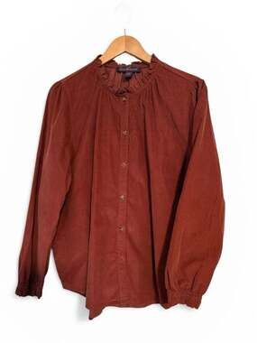 Gloria Vanderbilt XXL Rust Corduroy Ruffle Neck Button Up Top